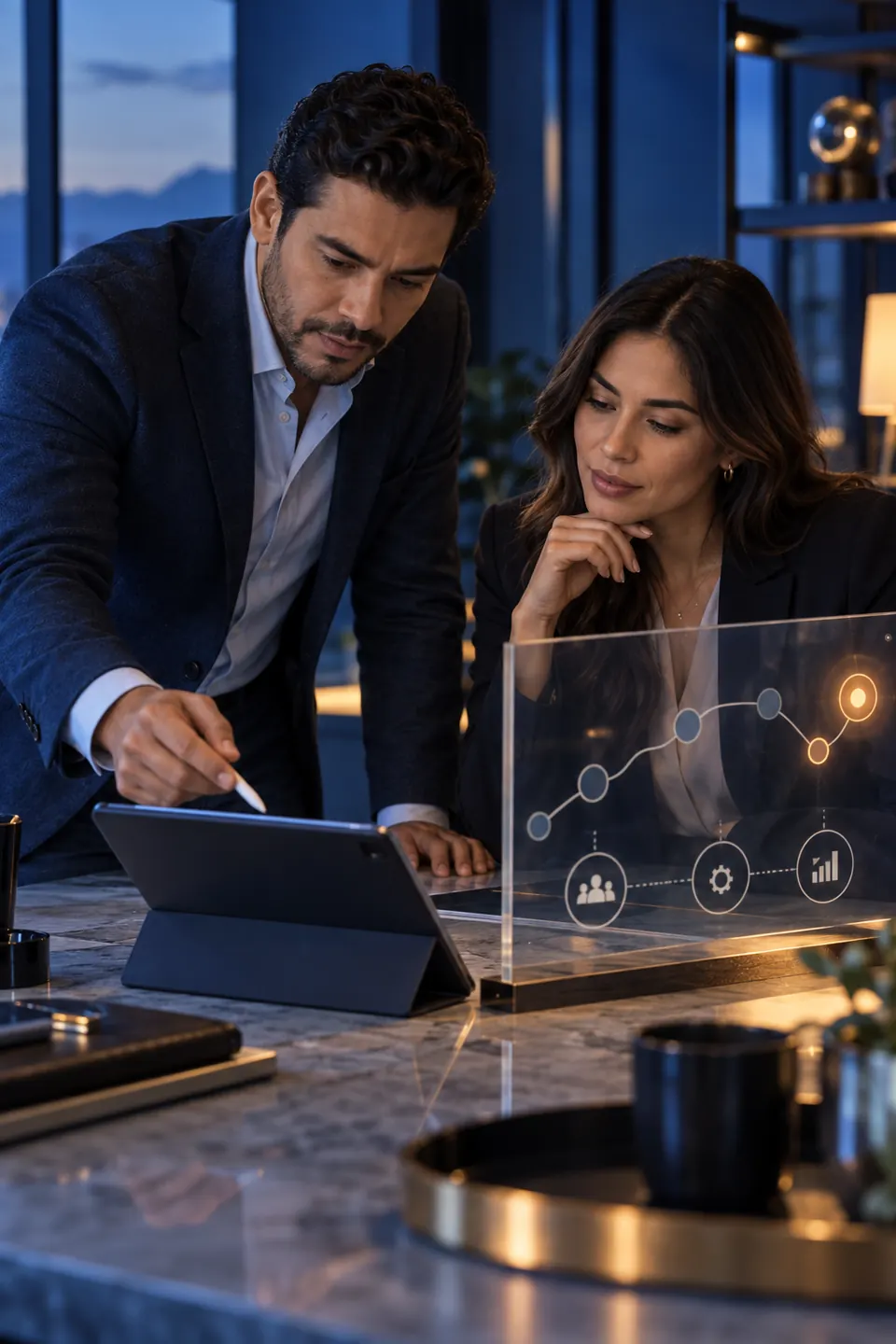 Escena conceptual de dos profesionales analizando una oportunidad comercial en una tablet