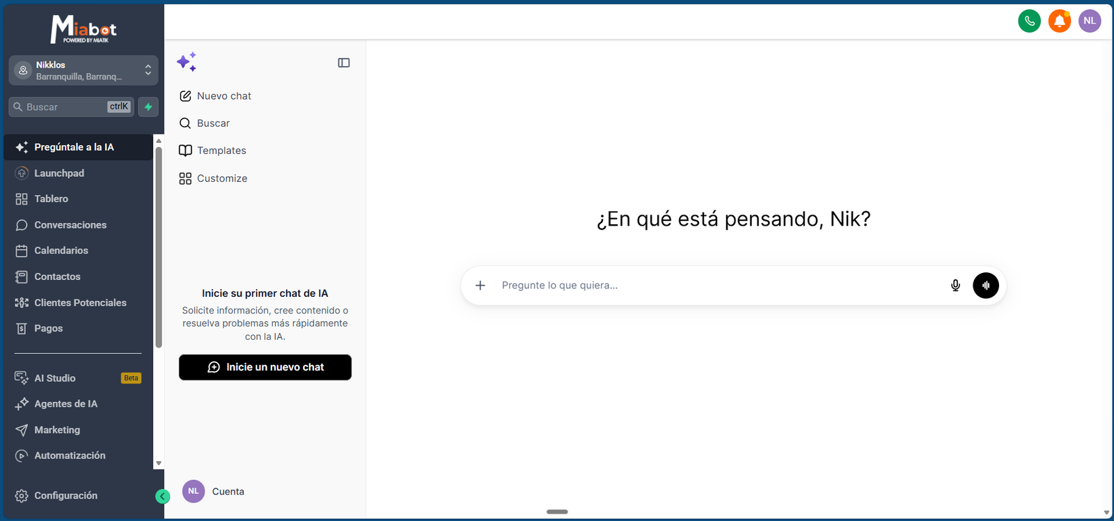 Chat Pregúntale a la IA de Miabot, con nuevo chat, búsqueda, plantillas y campo de consulta.